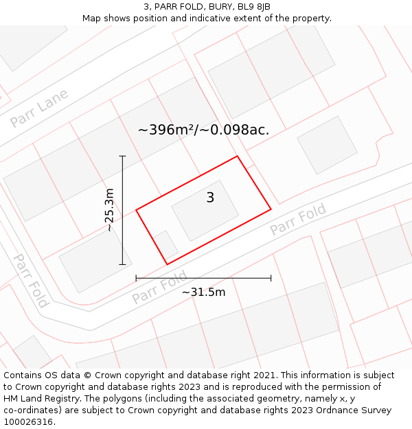 3, PARR FOLD, BURY, BL9 8JB: Plot and title map