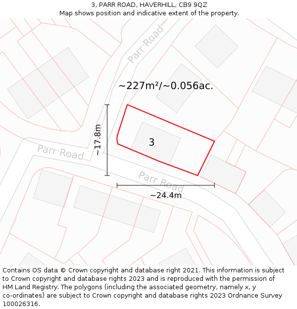 3, PARR ROAD, HAVERHILL, CB9 9QZ: Plot and title map