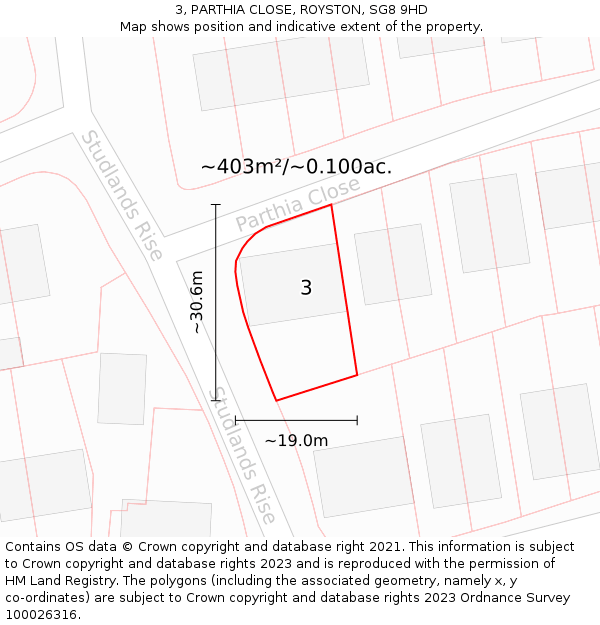 3, PARTHIA CLOSE, ROYSTON, SG8 9HD: Plot and title map