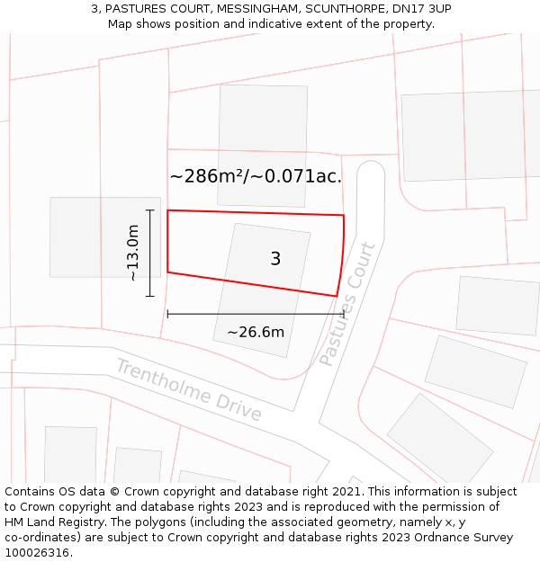 3, PASTURES COURT, MESSINGHAM, SCUNTHORPE, DN17 3UP: Plot and title map