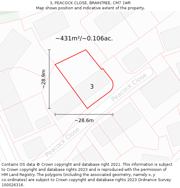 3, PEACOCK CLOSE, BRAINTREE, CM7 1WR: Plot and title map