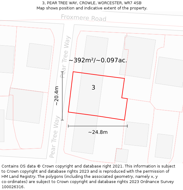 3, PEAR TREE WAY, CROWLE, WORCESTER, WR7 4SB: Plot and title map