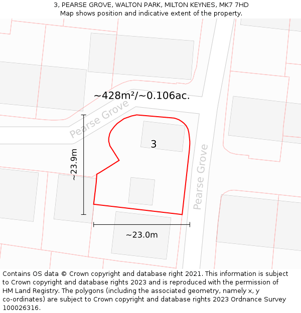 3, PEARSE GROVE, WALTON PARK, MILTON KEYNES, MK7 7HD: Plot and title map