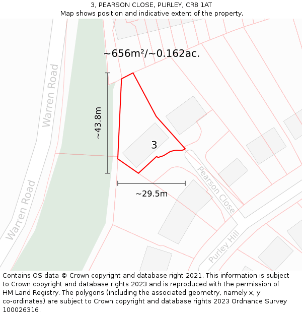 3, PEARSON CLOSE, PURLEY, CR8 1AT: Plot and title map