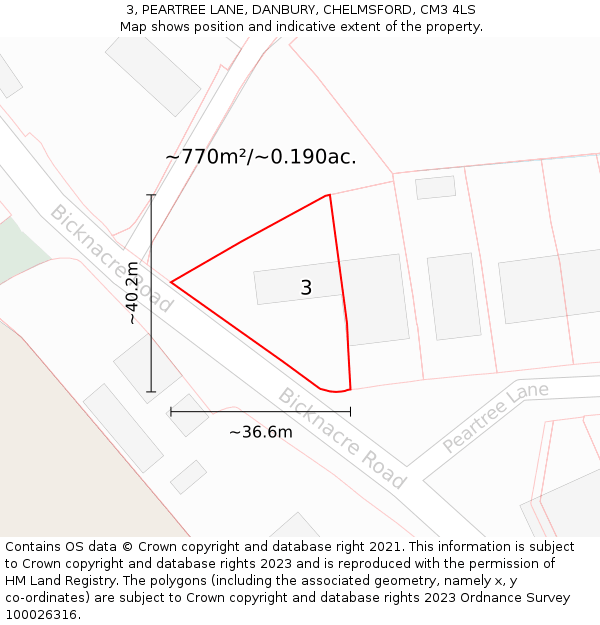 3, PEARTREE LANE, DANBURY, CHELMSFORD, CM3 4LS: Plot and title map
