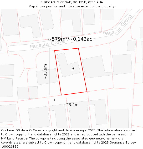 3, PEGASUS GROVE, BOURNE, PE10 9UA: Plot and title map