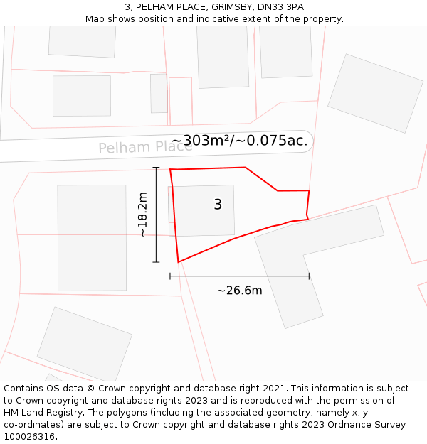 3, PELHAM PLACE, GRIMSBY, DN33 3PA: Plot and title map