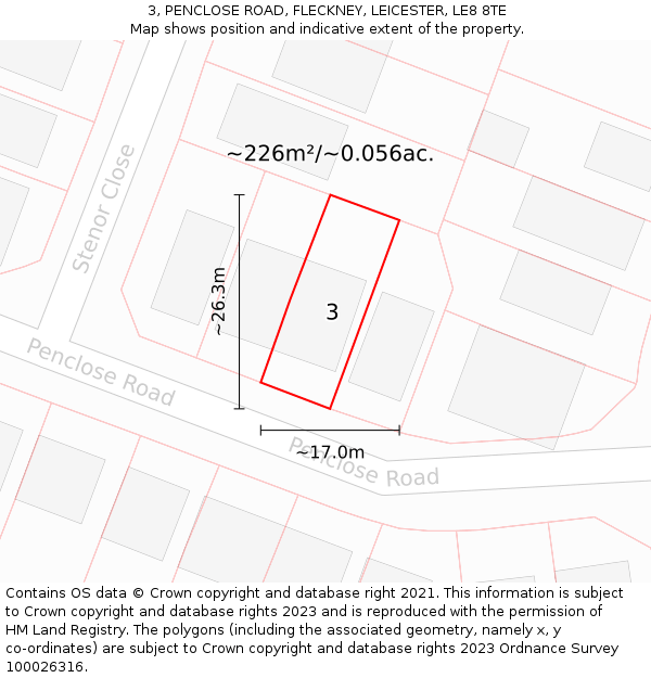 3, PENCLOSE ROAD, FLECKNEY, LEICESTER, LE8 8TE: Plot and title map