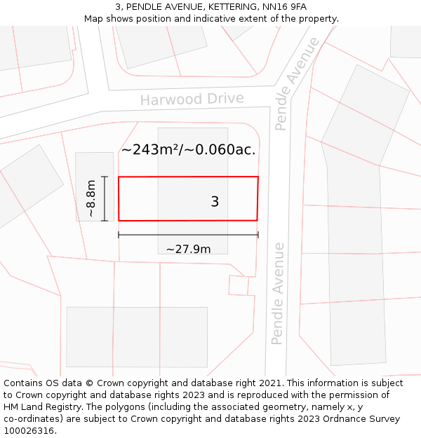 3, PENDLE AVENUE, KETTERING, NN16 9FA: Plot and title map