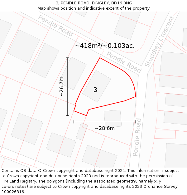 3, PENDLE ROAD, BINGLEY, BD16 3NG: Plot and title map