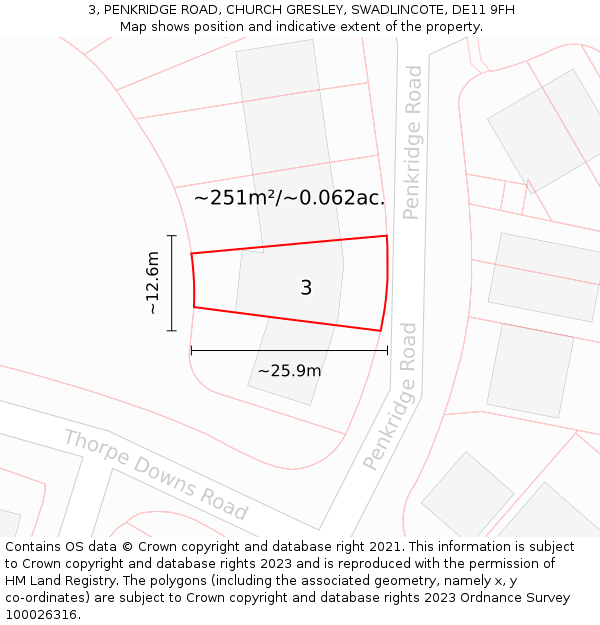 3, PENKRIDGE ROAD, CHURCH GRESLEY, SWADLINCOTE, DE11 9FH: Plot and title map