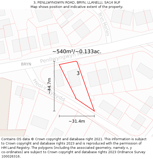 3, PENLLWYNGWYN ROAD, BRYN, LLANELLI, SA14 9UF: Plot and title map