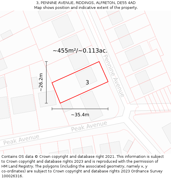 3, PENNINE AVENUE, RIDDINGS, ALFRETON, DE55 4AD: Plot and title map