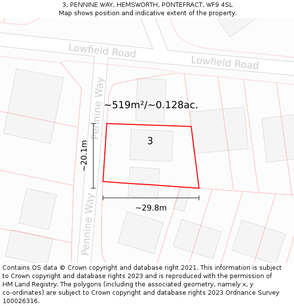 3, PENNINE WAY, HEMSWORTH, PONTEFRACT, WF9 4SL: Plot and title map