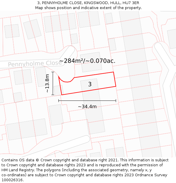3, PENNYHOLME CLOSE, KINGSWOOD, HULL, HU7 3ER: Plot and title map