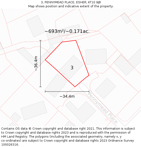 3, PENNYMEAD PLACE, ESHER, KT10 9JB: Plot and title map