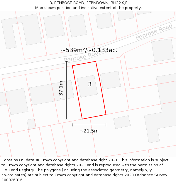 3, PENROSE ROAD, FERNDOWN, BH22 9JF: Plot and title map