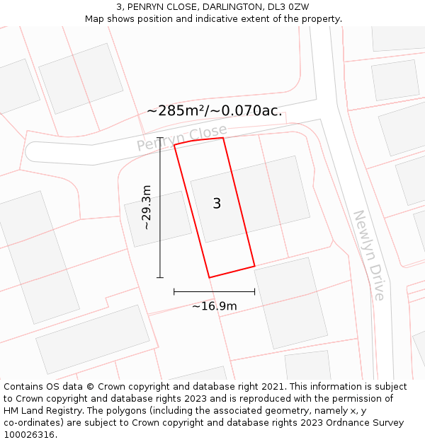 3, PENRYN CLOSE, DARLINGTON, DL3 0ZW: Plot and title map