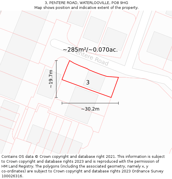 3, PENTERE ROAD, WATERLOOVILLE, PO8 9HG: Plot and title map