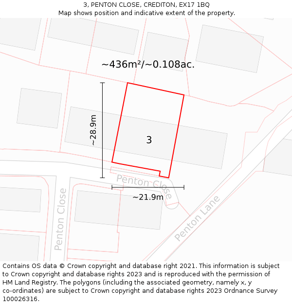 3, PENTON CLOSE, CREDITON, EX17 1BQ: Plot and title map