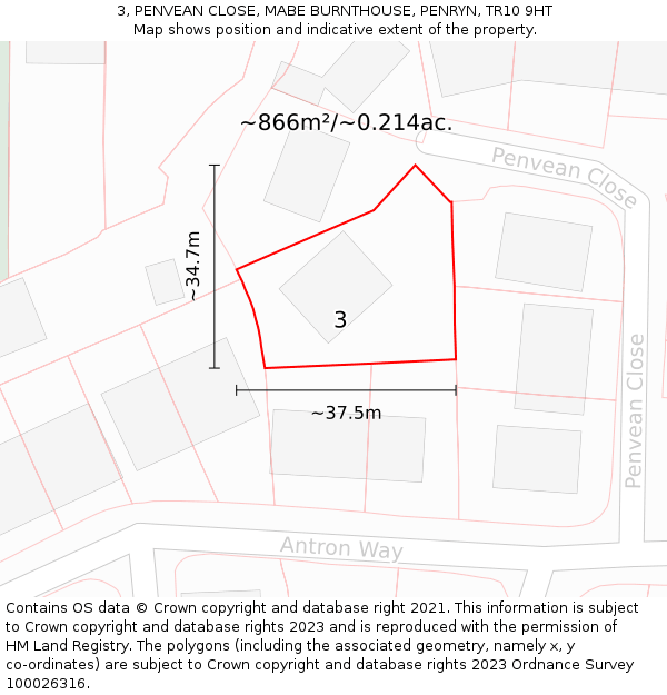 3, PENVEAN CLOSE, MABE BURNTHOUSE, PENRYN, TR10 9HT: Plot and title map