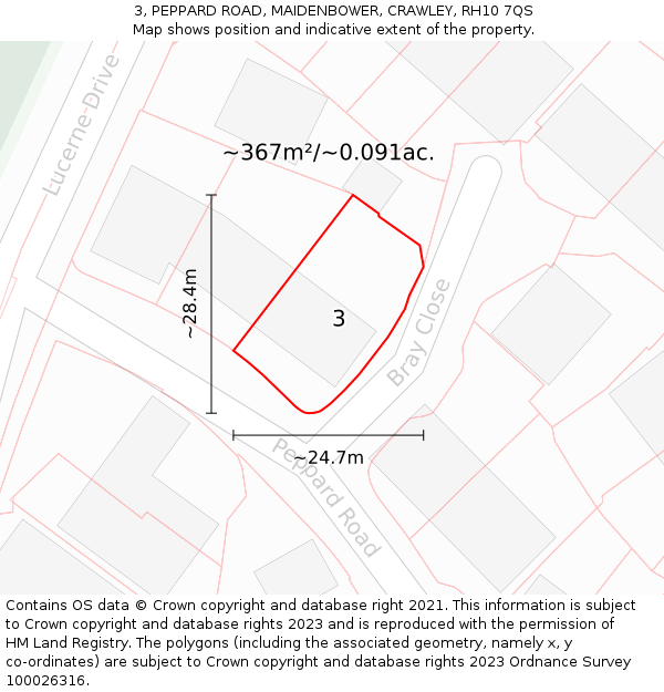 3, PEPPARD ROAD, MAIDENBOWER, CRAWLEY, RH10 7QS: Plot and title map