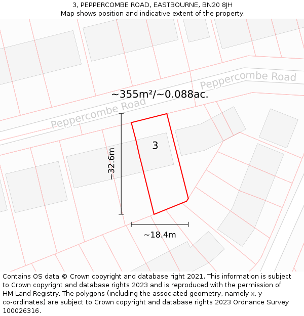 3, PEPPERCOMBE ROAD, EASTBOURNE, BN20 8JH: Plot and title map