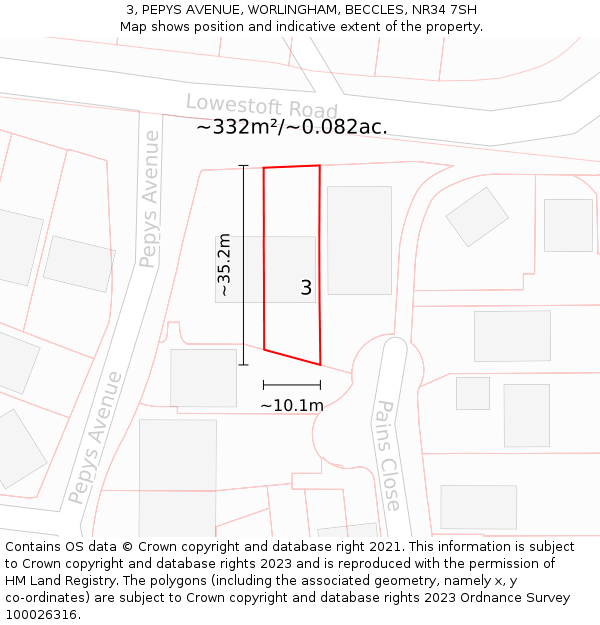 3, PEPYS AVENUE, WORLINGHAM, BECCLES, NR34 7SH: Plot and title map