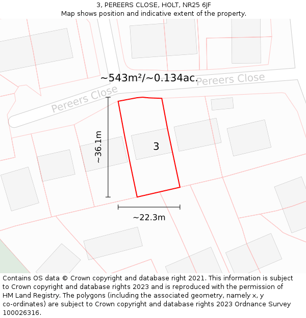 3, PEREERS CLOSE, HOLT, NR25 6JF: Plot and title map