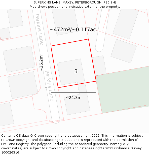 3, PERKINS LANE, MAXEY, PETERBOROUGH, PE6 9HJ: Plot and title map