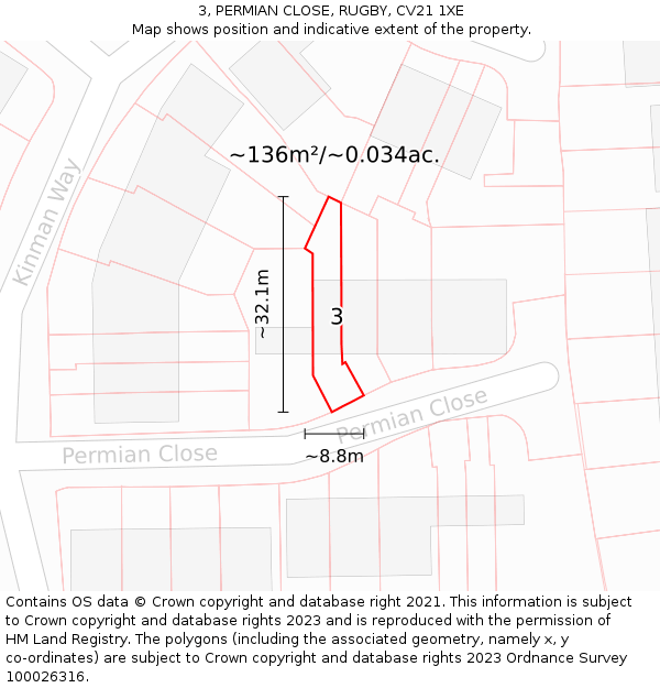 3, PERMIAN CLOSE, RUGBY, CV21 1XE: Plot and title map
