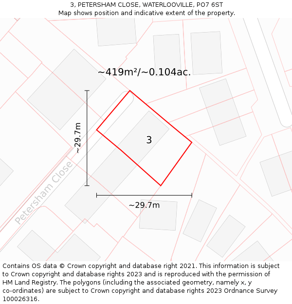 3, PETERSHAM CLOSE, WATERLOOVILLE, PO7 6ST: Plot and title map