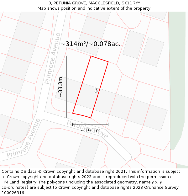 3, PETUNIA GROVE, MACCLESFIELD, SK11 7YY: Plot and title map