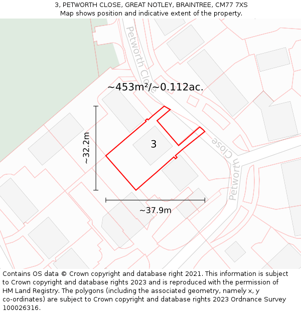 3, PETWORTH CLOSE, GREAT NOTLEY, BRAINTREE, CM77 7XS: Plot and title map