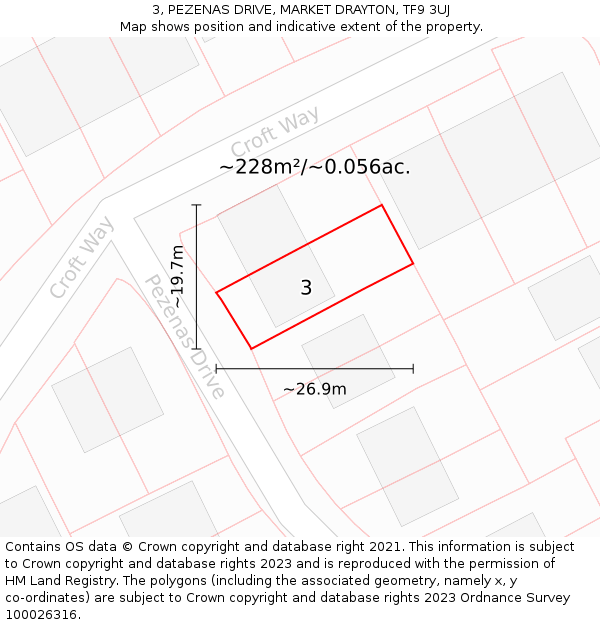 3, PEZENAS DRIVE, MARKET DRAYTON, TF9 3UJ: Plot and title map