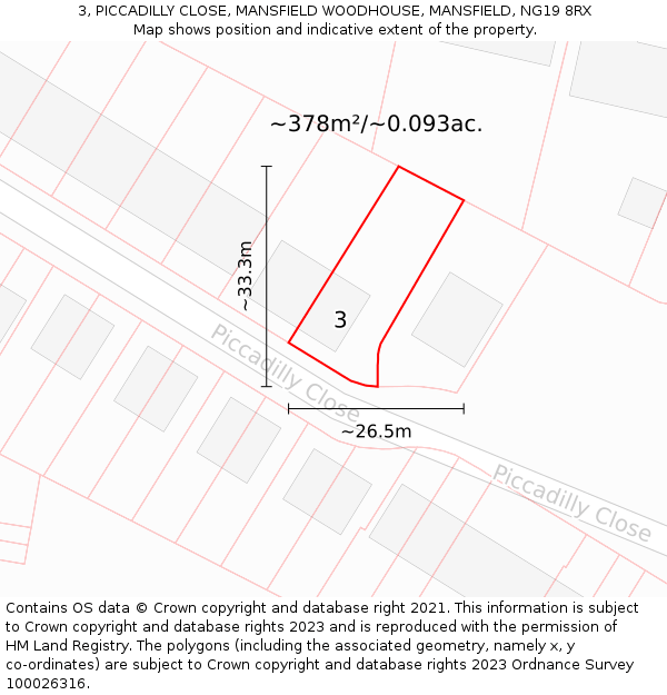 3, PICCADILLY CLOSE, MANSFIELD WOODHOUSE, MANSFIELD, NG19 8RX: Plot and title map