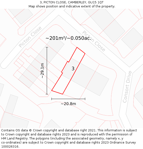 3, PICTON CLOSE, CAMBERLEY, GU15 1QT: Plot and title map