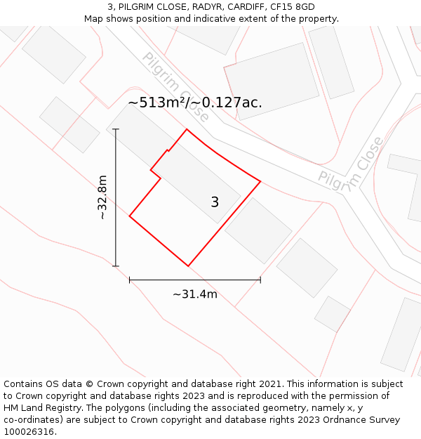 3, PILGRIM CLOSE, RADYR, CARDIFF, CF15 8GD: Plot and title map