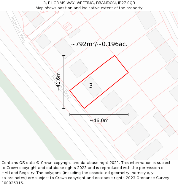 3, PILGRIMS WAY, WEETING, BRANDON, IP27 0QR: Plot and title map