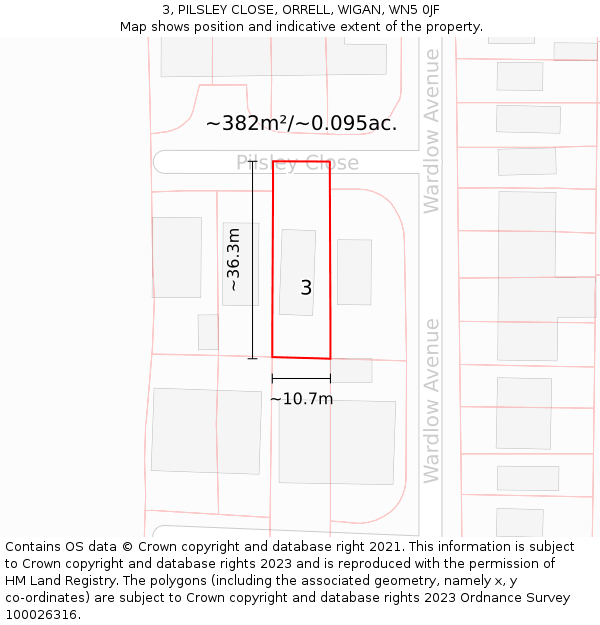 3, PILSLEY CLOSE, ORRELL, WIGAN, WN5 0JF: Plot and title map