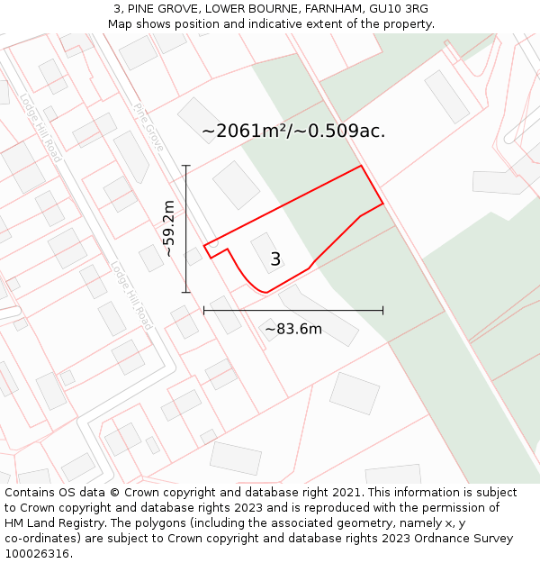 3, PINE GROVE, LOWER BOURNE, FARNHAM, GU10 3RG: Plot and title map