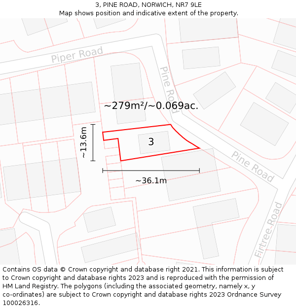 3, PINE ROAD, NORWICH, NR7 9LE: Plot and title map