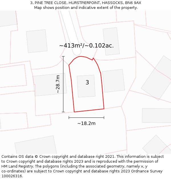 3, PINE TREE CLOSE, HURSTPIERPOINT, HASSOCKS, BN6 9AX: Plot and title map