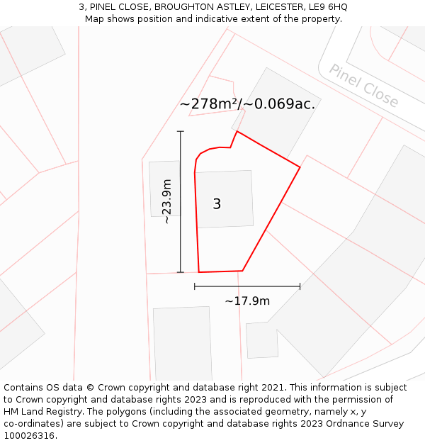 3, PINEL CLOSE, BROUGHTON ASTLEY, LEICESTER, LE9 6HQ: Plot and title map