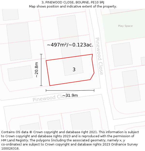 3, PINEWOOD CLOSE, BOURNE, PE10 9RJ: Plot and title map