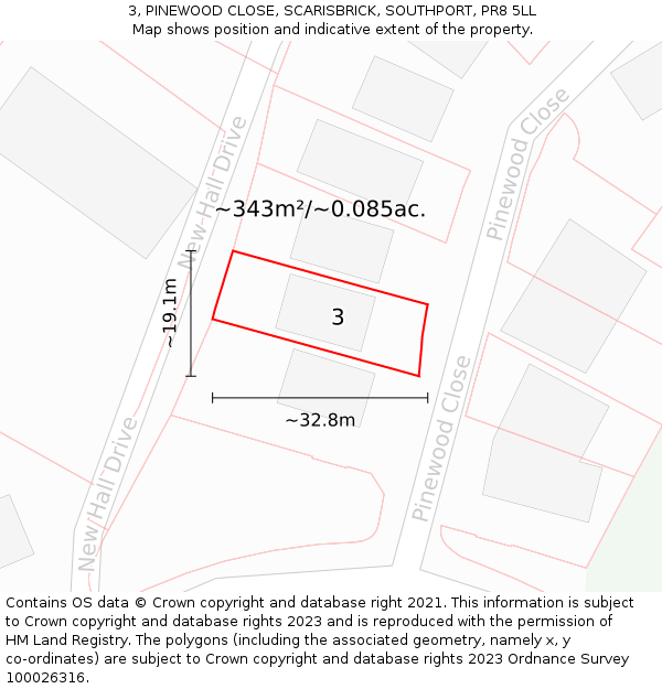 3, PINEWOOD CLOSE, SCARISBRICK, SOUTHPORT, PR8 5LL: Plot and title map