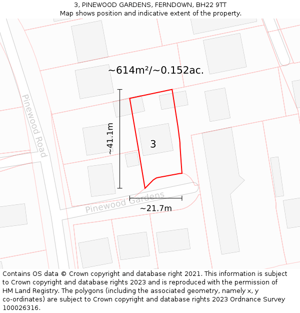 3, PINEWOOD GARDENS, FERNDOWN, BH22 9TT: Plot and title map