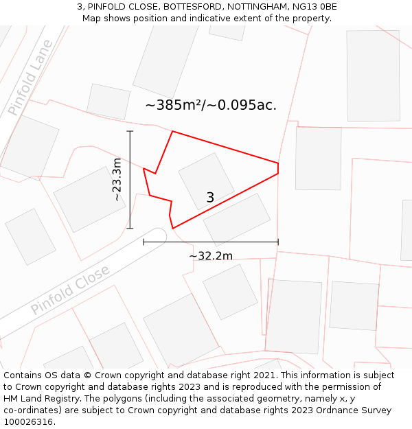 3, PINFOLD CLOSE, BOTTESFORD, NOTTINGHAM, NG13 0BE: Plot and title map