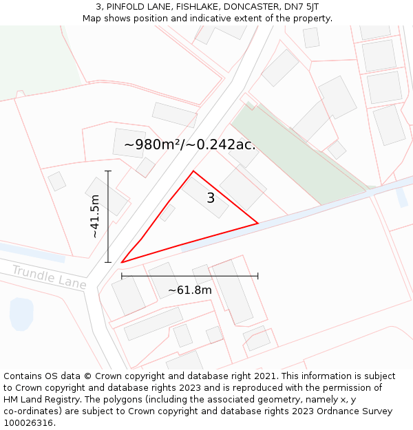 3, PINFOLD LANE, FISHLAKE, DONCASTER, DN7 5JT: Plot and title map