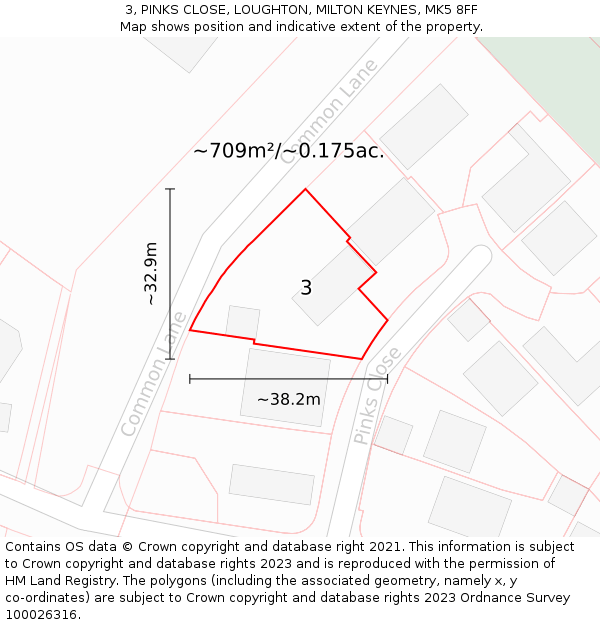 3, PINKS CLOSE, LOUGHTON, MILTON KEYNES, MK5 8FF: Plot and title map